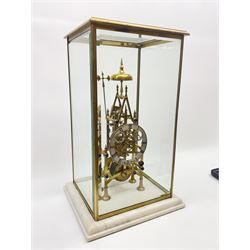Late 20th century brass Gothic style skeleton clock, silvered Roman chapter ring with subsidiary seconds dial, single chain fusee movement, single strike on bell on hour, six spoke escapement wheel with anchor escapement, in brass and bevel glazed casing with winding hole, on moulded white marble base