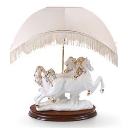 Italian-style ceramic table-lamp featuring two white running horses with gold accents, wit...