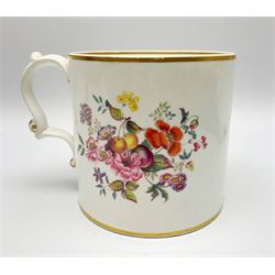 Large 19th century Staffordshire mug with scroll handle, the white glazed ground transfer printed with floral and fruiting sprays, further detailed with monogram in gilt, H13cm D13.5cm