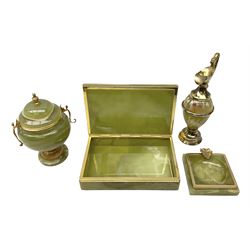 Onyx lidded urn with gilt metal twin handles, together with onyx ashtray, hinged lidded box and jug, tallest example H18.5cm 