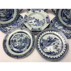 Late 18th/early 19th century Chinese export blue and white porcelain, comprising set of three plates, two pairs of plates, two further plates, and two dishes, each decorated with landscapes set with typical motifs including pagodas, waterside huts, pine trees, and bridges, within various borders including foliate and moth, and spearhead examples, each approximately D22.5cm