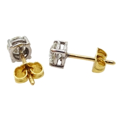  Pair of 18ct gold round brilliant cut diamond stud earrings, diamond total weight approx 1.35 carat  [image code: 2mc]  