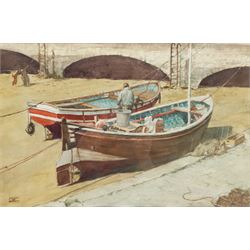 James W Hardy (British 20th century): Low Tide Scarborough Harbour, watercolour signed 31cm x 47cm