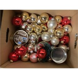 Artificial Nordic style 6ft Christmas tree, together with a large collection of baubles, small light up Christmas tree, tree skirt and other Christmas decorations, including some vintage examples