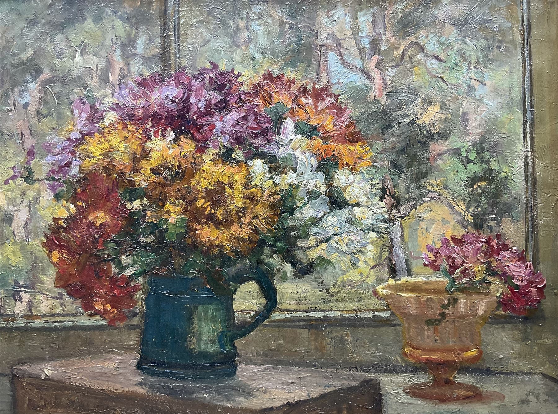 St Ives School (Early 20th century): Still Life - Flowers in a Jug, oil on canvas unsigned, with 'James Lanham, Artist's Colourman, St Ives Cornwall' metal label to stretcher 44cm x 60cm