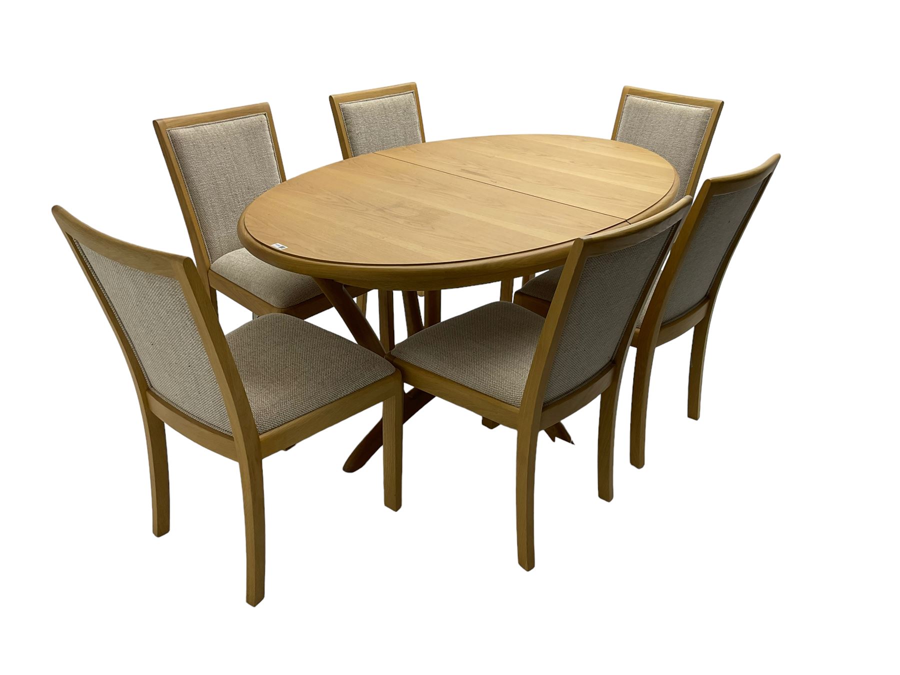 Contemporary light oak oval extending dining table, shaped X-frame base (W160cm D102cm); and set of six light oak dining chairs, back and seat upholstered in textured pebble cream fabric (W50cm H90cm)