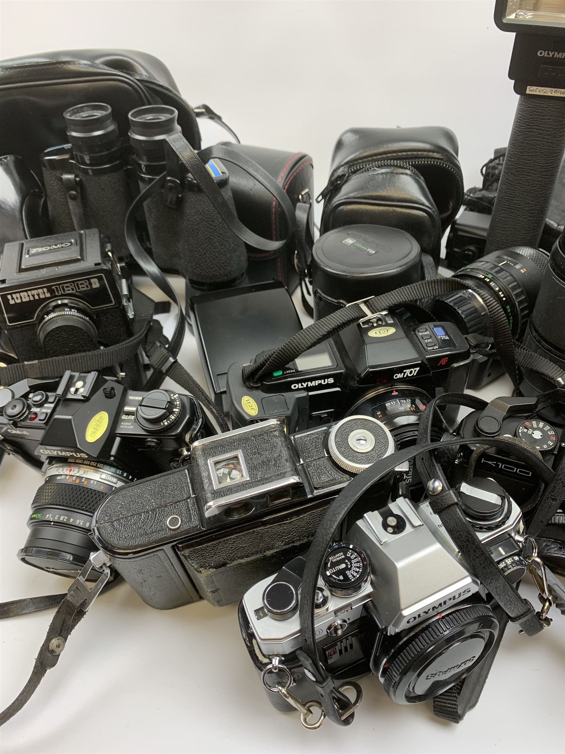 Vintage cameras lenses and accessories including Olympus 'OM10' camera body, Olympus 'OM4' camera, 'Olympus OM-System Zuiko auto-zoom 35-70mm 1:4' lens, various other lenses, tasco binoculars etc, in one box