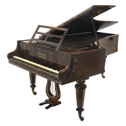 Collard & Collard - early Victorian rosewood grand piano, carved scrolling acanthus leaf mounts to each side, turned and carved hexagonal tapering supports with brass cups and castors, lyre shaped pedals with brass rod strings, the lid catches with rose carved handles, W121cm, L205cm