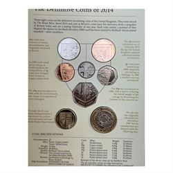 Six The Royal Mint United Kingdom uncirculated coins or sets, comprising  2008 'Queen Elizabeth I' five pounds, 2010 twelve coins, 2012 'Definitive' eight coins, 2013 'Definitive' eight coins, 2014 'Definitive' eight coins and 2015 'The Fourth Circulating Coinage Portrait Final Edition' eight coins, all in card folders