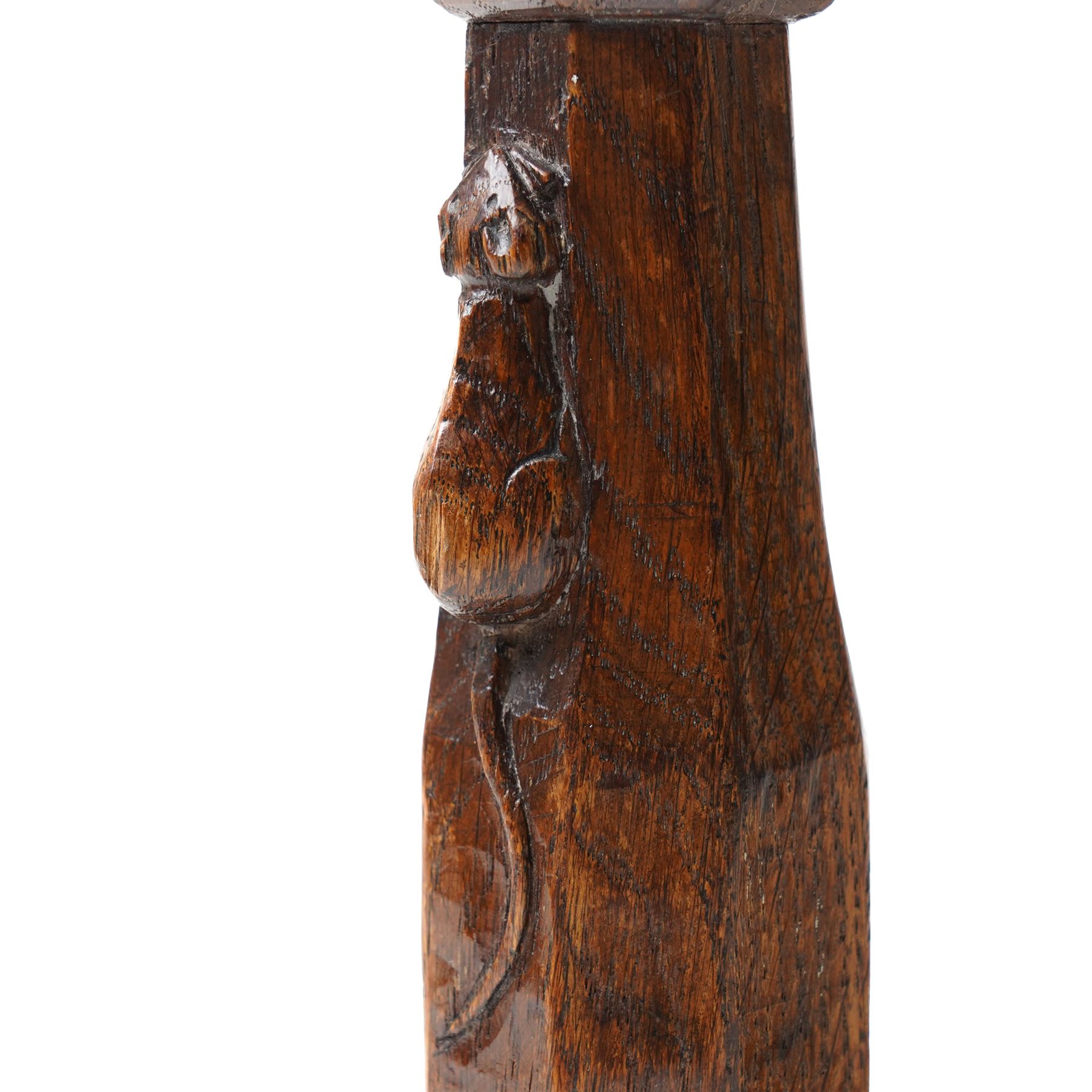 Mouseman - 1930s adzed oak joint stool, leather latticework seat on chamfered octagonal supports, carved with mouse signature, by Robert Thompson of Kilburn