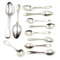  George III silver salt spoon Newcastle 1801, seven various silver coffee spoons by Viners  and two George IV tablespoons London 1828 approx 7oz  
