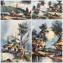 Indonesian School (20th century): River Landscape with Boats, set four watercolours indistinctly signed 25cm x 18cm (4)