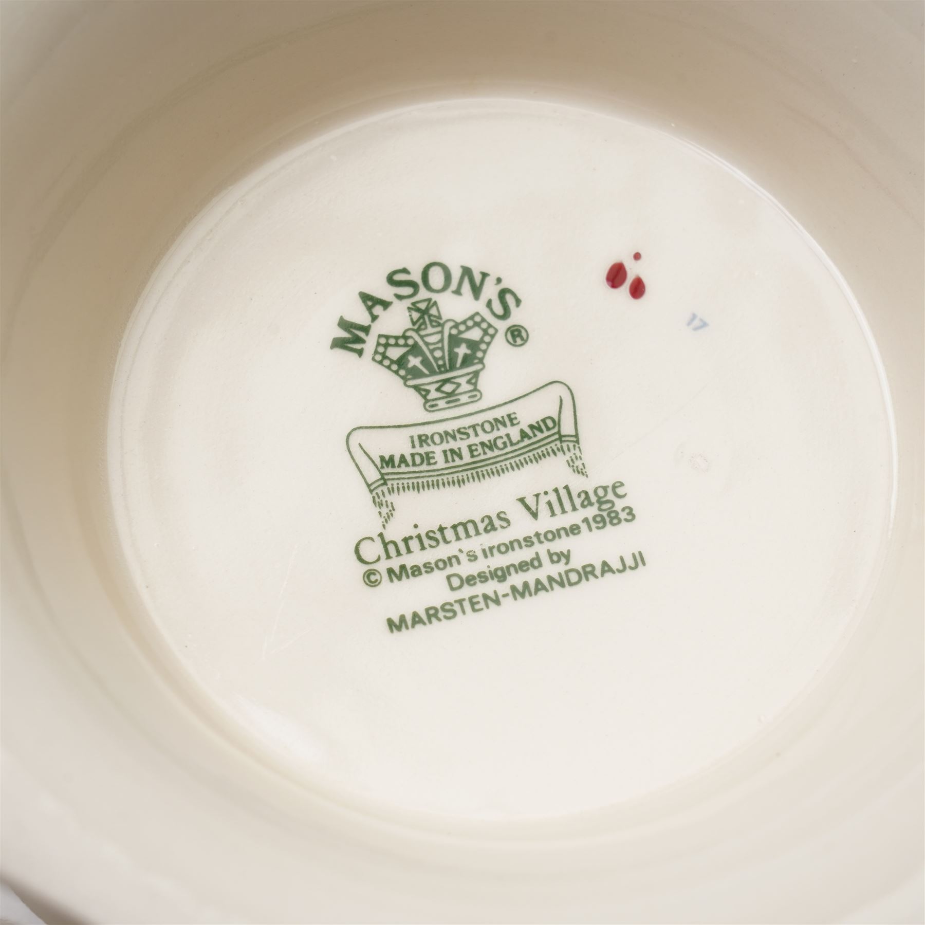 Masons Christmas Village dinner wares, designed by Marsten-Mandrajji, comprising three dinner plates, four lunch plates, tree shaped bon bon dish, serving platter, cake stand, napkin rings etc