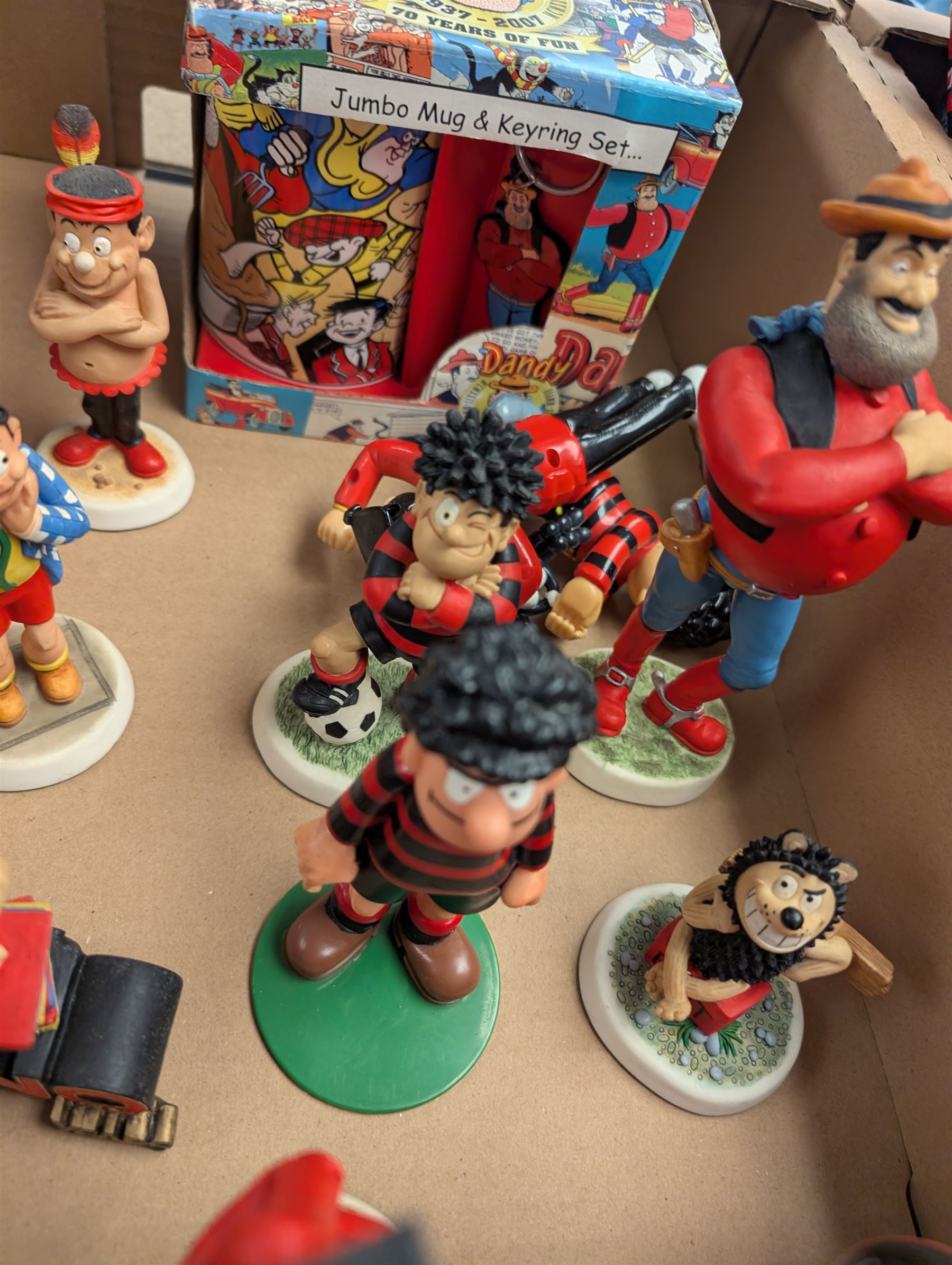 Collection of Robert Harrod The Beano Dandy Collection figures including Desperate Dan, Teach, Rodger the Dodger and Chips together with Beano collectibles including mugs, stamps, etc