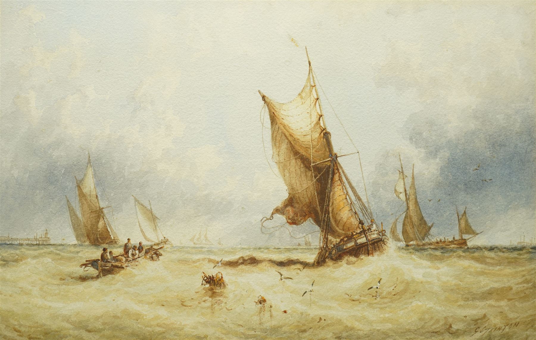 George Stainton (British fl.1860-1890): 'Fishing Boats of Southend Pier', watercolour signed, titled on mount, Parker Gallery label verso 29cm x 45cm
