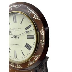 Joseph Critchley of Liverpool -  early 19th century twin fusee 8-day rosewood and mother of pearl inlaid drop-dial wall clock c1820, inlaid circular wooden dial surround with carved ears representing grapes and vine leaves, glazed box with a scroll carved surround, curved base and pendulum adjustment door, 14” painted dial with Roman numerals, minute track, and pierced steel hands within a cast brass bezel and flat glass, dial pinned to a four pillar chain driven fusee movement striking the hours on a bell. With pendulum and key.