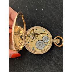 Waltham USA gold plated full hunter pocket watch, the white enamel dial with subsidiary seconds dial, the front cover engraved and embossed with blank cartouche in a floral border, the back cover engraved with stag