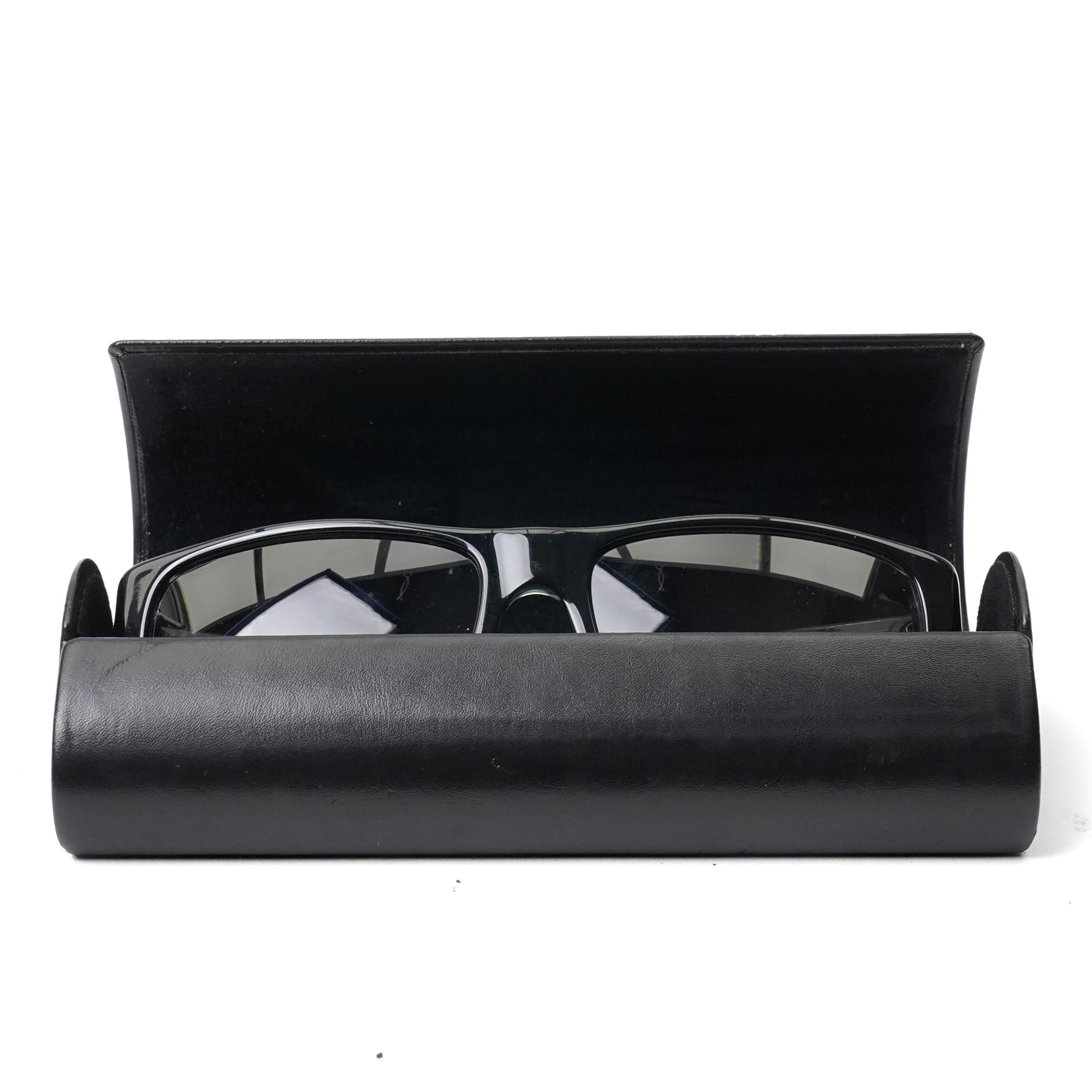 Prada - half-rim sunglasses with black acetate upper frame, clear acetate and silver-tone metal temples, graduated smoke lenses and PRADA lettering to the arms, in original hard case