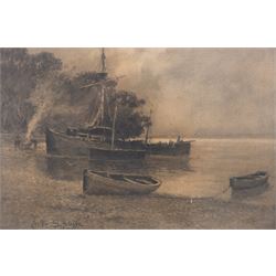 Lester Sutcliffe (British 1848-1933): Ships Landed and Ships at Sea, pair monochrome pastel and watercolours signed 35.5cm x 53cm