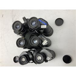 Eleven cased pairs of binoculars, to include Omiya 8x30, Tasco, Esde-Optik 8x40 Weitwinkel, Chinon 10x50 Field. Aico Rapide 8x30, Astralite zoom 6x- 14x32, etc