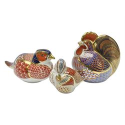 Three Royal Crown Derby paperweights, comprising Cockerel, Pheasant, both with silver stoppers and Teal Duckling with gold stopper, all with printed marks beneath, largest H10cm 