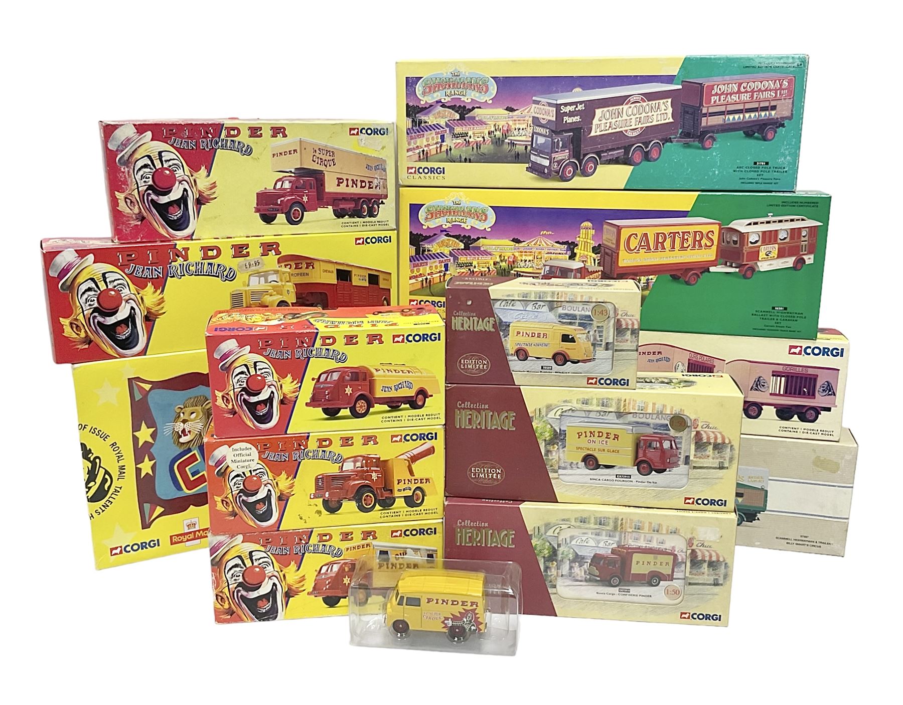 Corgi circus related models - two Showman's Range 21701 & 16501; six Pinder John Richard 16801, 73301, 70301, 71202, 70201 & 71402; three Collection Heritage 70509, EX72919 & EX72915; 97897 Billy Smart's Circus Scammel Highwayman and Trailer; and limited edition CP10502 Royal Mail Circus Trailer; all boxed (13)