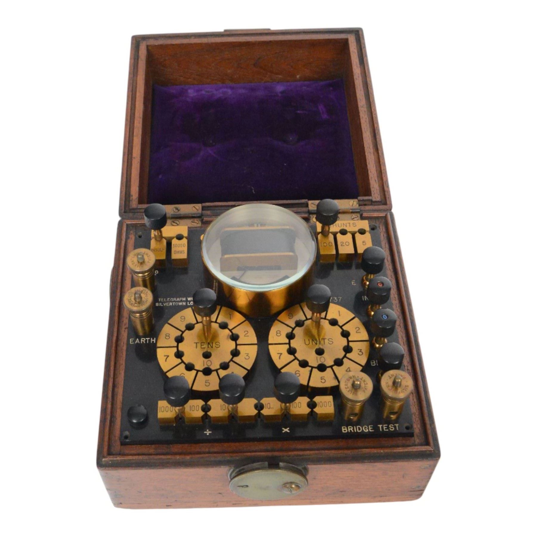 Early 20th century Telegraph Works Line Testing Set, no. 737, stamped Telegraph Works Silvertown London, with brass terminals and a galvanometer in mahogany case