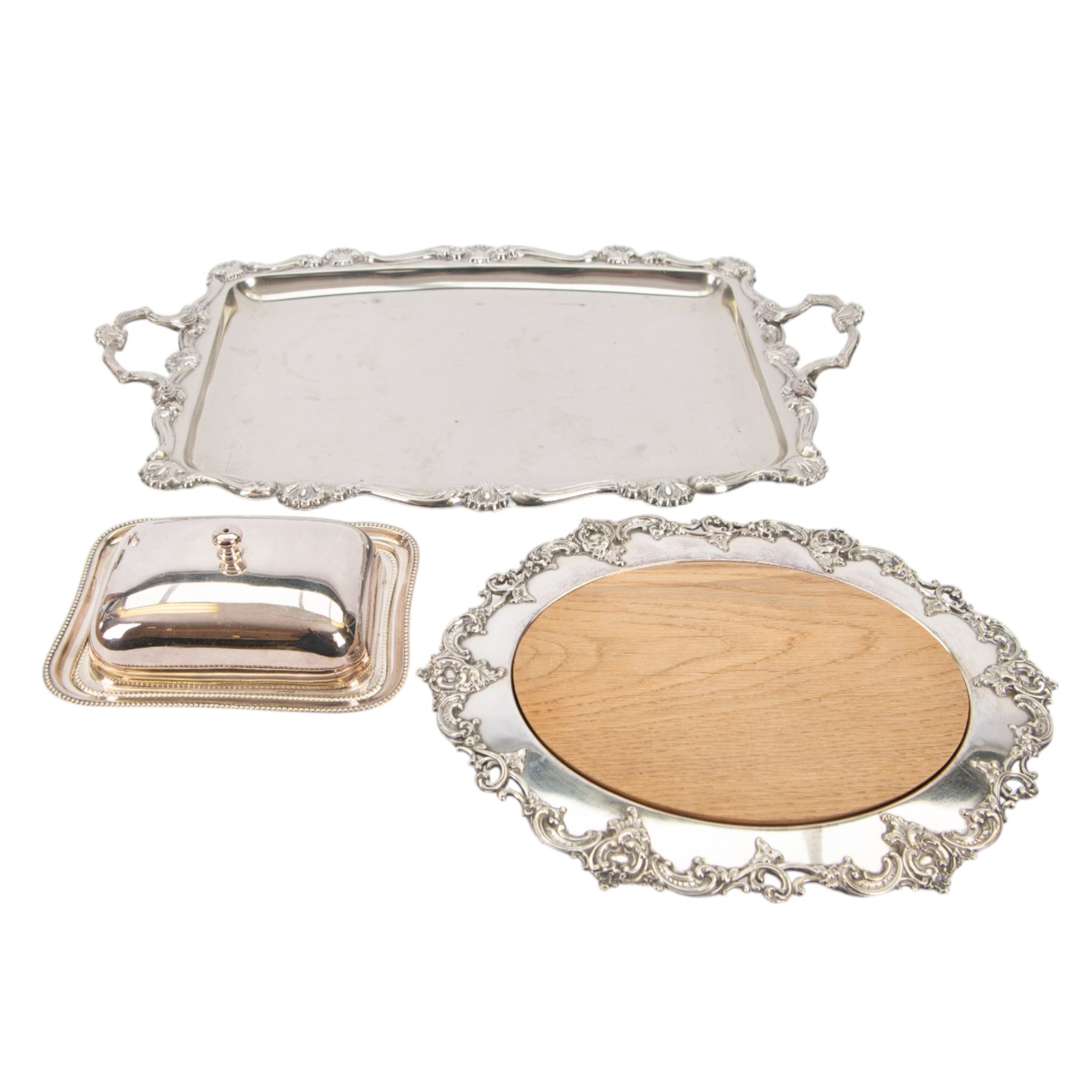 Silver plated silent butler, together with serving tray, Walker and Hall hot water jug, butter dish etc 