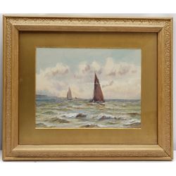 Albert Edward Horsley (British 1861-post1930): Boats off the Yorkshire Coast, watercolour signed and dated '95, 20cm x 27cm 
Notes: Albert Horsley, son of Scarborough picture framer John Horsley, studied under Albert Strange at the Scarborough School of Art where he later worked as Assistant Master from around 1895. He also appears to have worked as a framer like his father as this is his stated profession in the 1891 census and the 1911 trade directory, where he is recorded as living at 4 York Place.