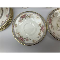 Wedgwood Queens Ware tea and dinner wares in Provence pattern, including ten cups and saucers, milk jug, butter dish with cover, ten dinner plates, ten bowls and ten side plates etc (71), together with Royal Doulton tea wares in Canton pattern, comprising six cups and saucers, milk jug, open sucrier and six dessert plates.    