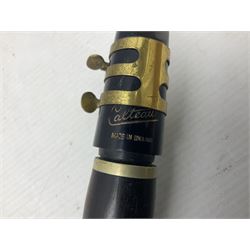 Disassembled early 20th century Boys Brigade snare drum D37cm with copy WW1 period photograph of the Kirbymoorside Boys Brigade; early 20th century hardwood clarinet; bagpipes chanter; and Dulcet E-flat penny whistle