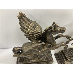 Pair of bronzed Pegasus, modelled in a rearing winged horse upon a plinth, H32cm 