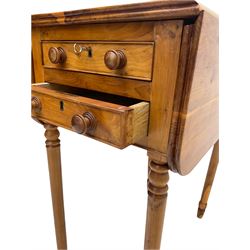 Yew wood drop leaf occasional table, two drawers