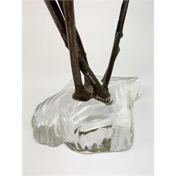 David Fryer Studios for Royal Worcester, a limited edition bronze and porcelain model of a kingfisher in flight, supported by bronze rushes, upon a clear base, signed D Fryer, and numbered 206/750, H48cm. 