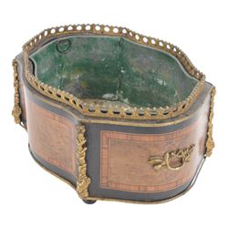 19th century French gilt metal mounted ebonised, kingwood and birdseye maple table jardinière, of serpentine form upon four compressed bun feet, with lift out metal liner, H15cm W33cm D24cm