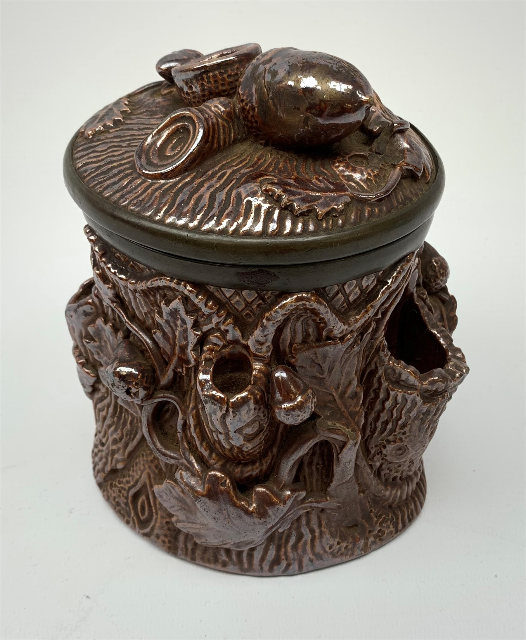 19th century salt glazed tobacco jar, of cylindrical form modelled as a