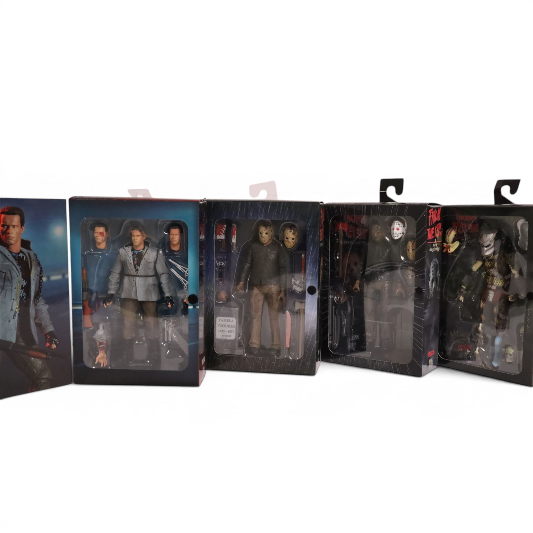 Four boxed Neca figures, comprising Friday The 13th Part V A New Beginning, Friday The 13th The Final Chapter, Predator Jungle Hunter and The Terminator, all boxed