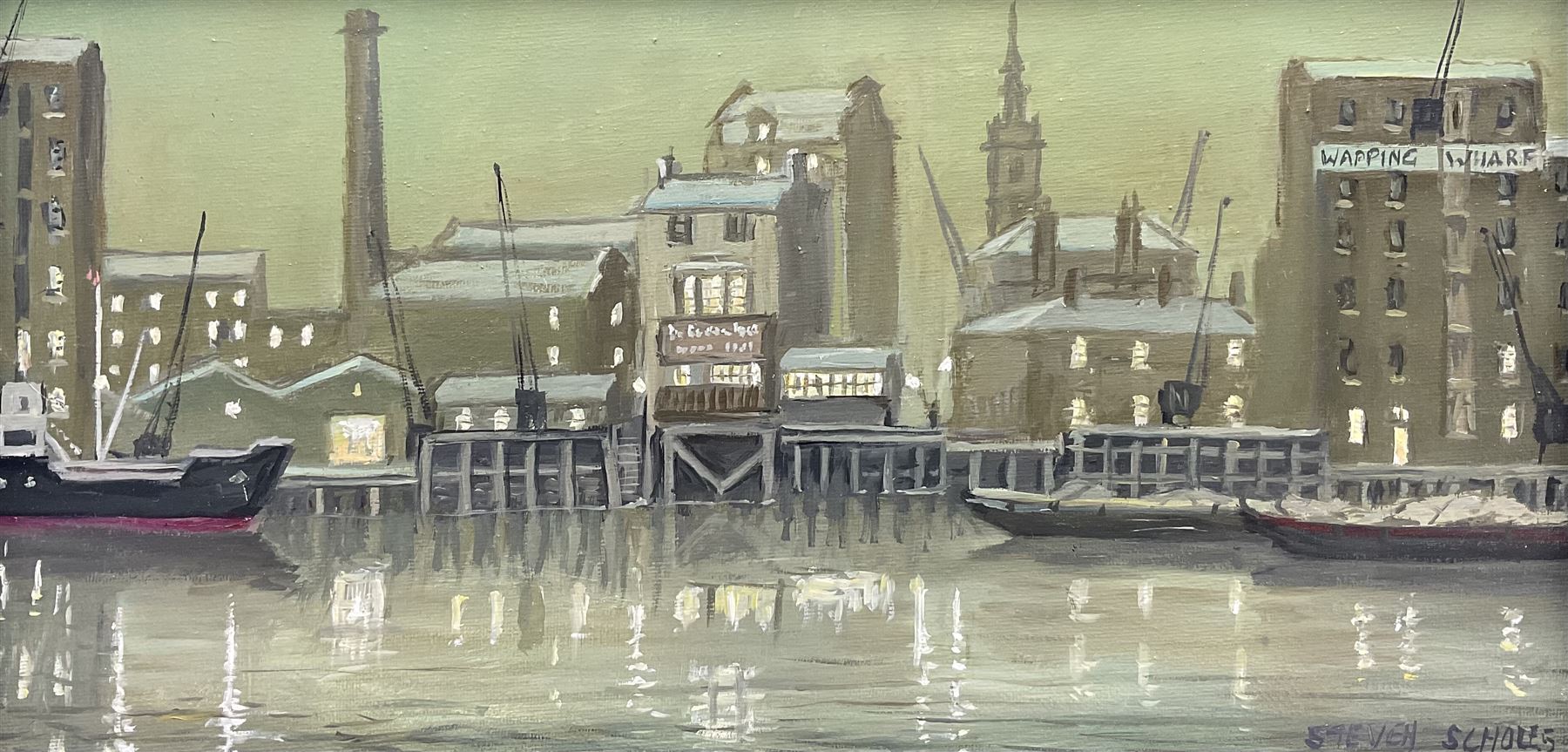Steven Scholes (Northern British 1952-): 'The Prospect of Whitby - Wapping East London', oil on canvas signed, titled verso 19cm x 37cm