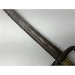 French model 1842 sabre bayonet with 57cm fullered steel blade and steel scabbard L70.5cm overall; 19th century side-by-side double barrel percussion pistol in poor condition; and three reproduction flintlock pistols (5)