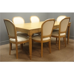John Lewis solid light oak extending dining table with leaf (100cm x 180cm - 230cm, H75cm), and six chairs upholstered in natural linen fabric