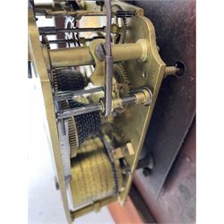 Joseph Critchley of Liverpool -  early 19th century twin fusee 8-day rosewood and mother of pearl inlaid drop-dial wall clock c1820, inlaid circular wooden dial surround with carved ears representing grapes and vine leaves, glazed box with a scroll carved surround, curved base and pendulum adjustment door, 14” painted dial with Roman numerals, minute track, and pierced steel hands within a cast brass bezel and flat glass, dial pinned to a four pillar chain driven fusee movement striking the hours on a bell. With pendulum and key.