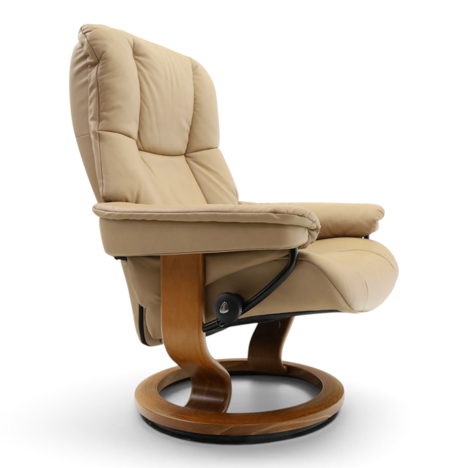 Ekornes Stressless - beech framed reclining swivel armchair with matching footstool, on U-shaped supports with circular bases, upholstered in beige leather