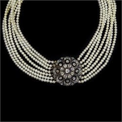  Seven row pearl choker necklace on Edwardian diamond target clasp   