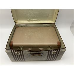 Collection of silver plated cased cutlery including part canteens and butter knives, together with other metal ware including J&J Siddons iron, horse brasses and a copper kettle, 1970s children's annuals including Beano, two handbags and three suitcases, vintage tins etc, in four boxes 