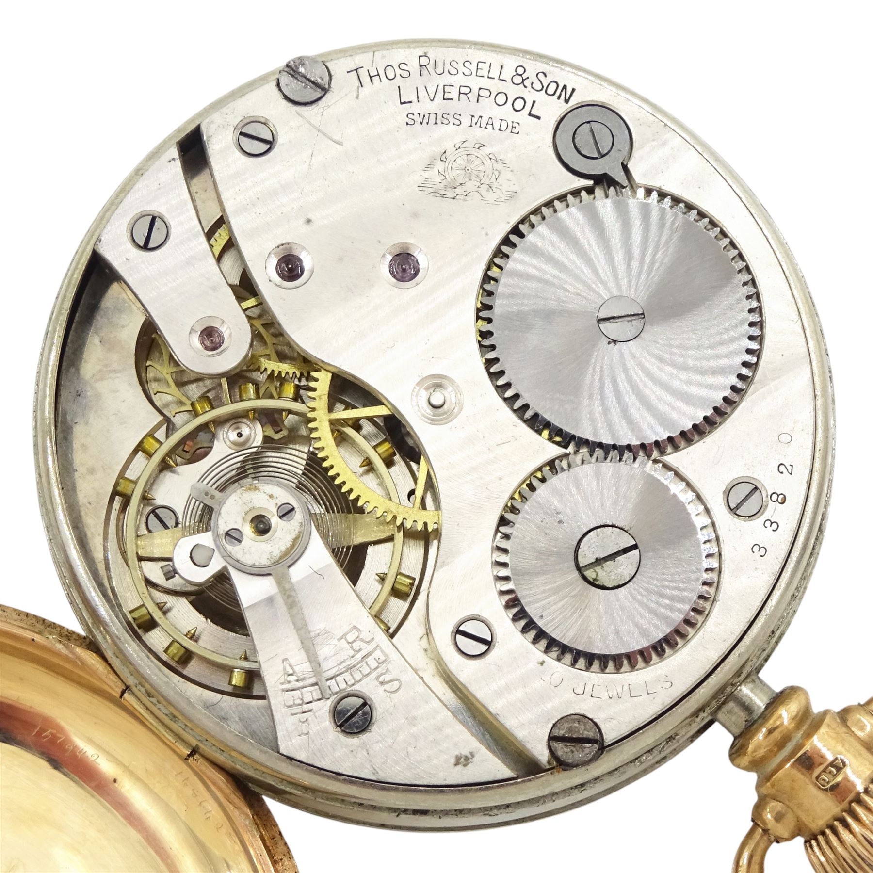 Early 20th century 9ct gold open face 'Tempus Fugit' keyless lever pocket watch by Thomas Russell & Sons, Liverpool, No. 33820, white enamel dial with Roman numeral hour markers and subsidiary seconds dial, case by Dennison, Birmingham  1921