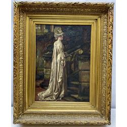 Alfred Dixon (British 1842-1919): 'Lady Jane' - Lady with Fan at the Foot of a Staircase, oil on canvas signed, titled on label verso 42cm x 30cm