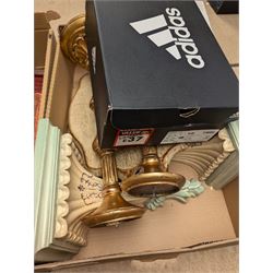 Pair of modern candlesticks in gilt finish, Chinese wooden waste paper basket, box of cutlery and other collectables