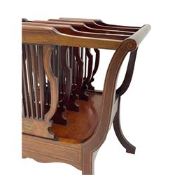 Edwardian inlaid mahogany Canterbury or magazine rack, lyre shaped form with four divisions, satinwood banded with box wood stringing, splayed supports