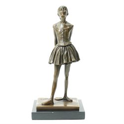 After Edgar Degas, (1834-1917), La Petite Danseuse de Quatorze Ans, small bronze figure modelled as a young female dancer, on rectangular black marble base, H18.5cm