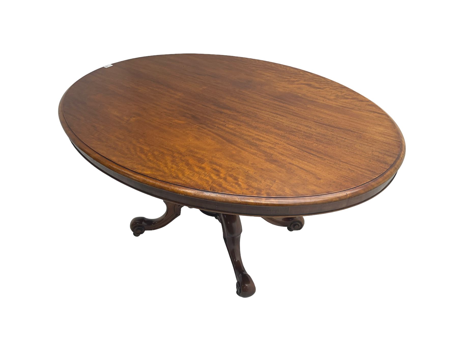 Victorian mahogany oval loo table, moulded edge with banded frieze, raised on baluster turned pedestal with quadrupod base, cabriole supports with scroll feet and castors